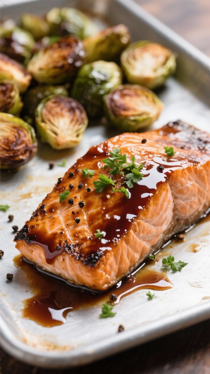 Close-up detail: Glossy balsamic-glazed salmon just out of the oven, surface lacquered and gently ca