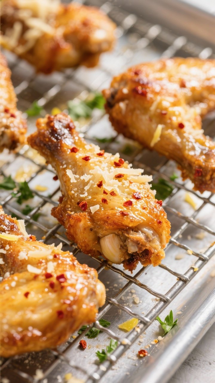 Close-up detail: Golden-brown garlic parmesan chicken wings just out of the oven on a wire rack, sha