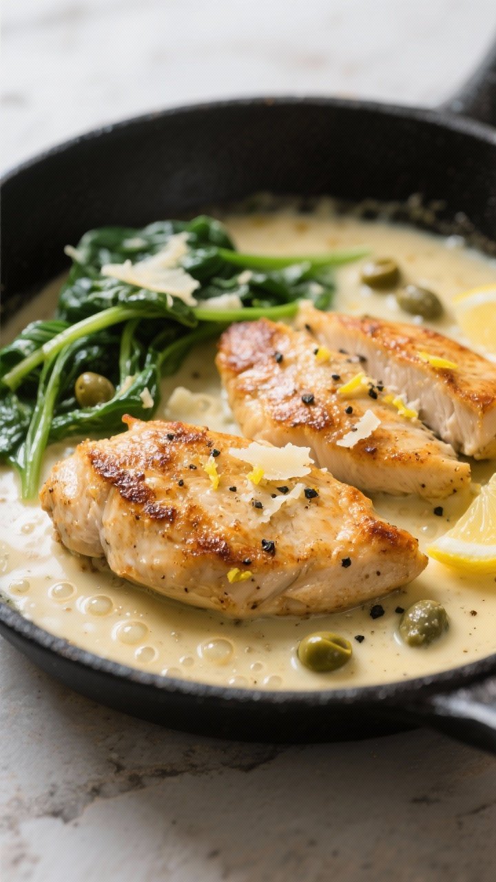 Close-up detail: Golden-brown pan-seared chicken cutlets nestled in a silky lemon-cream pan sauce, t