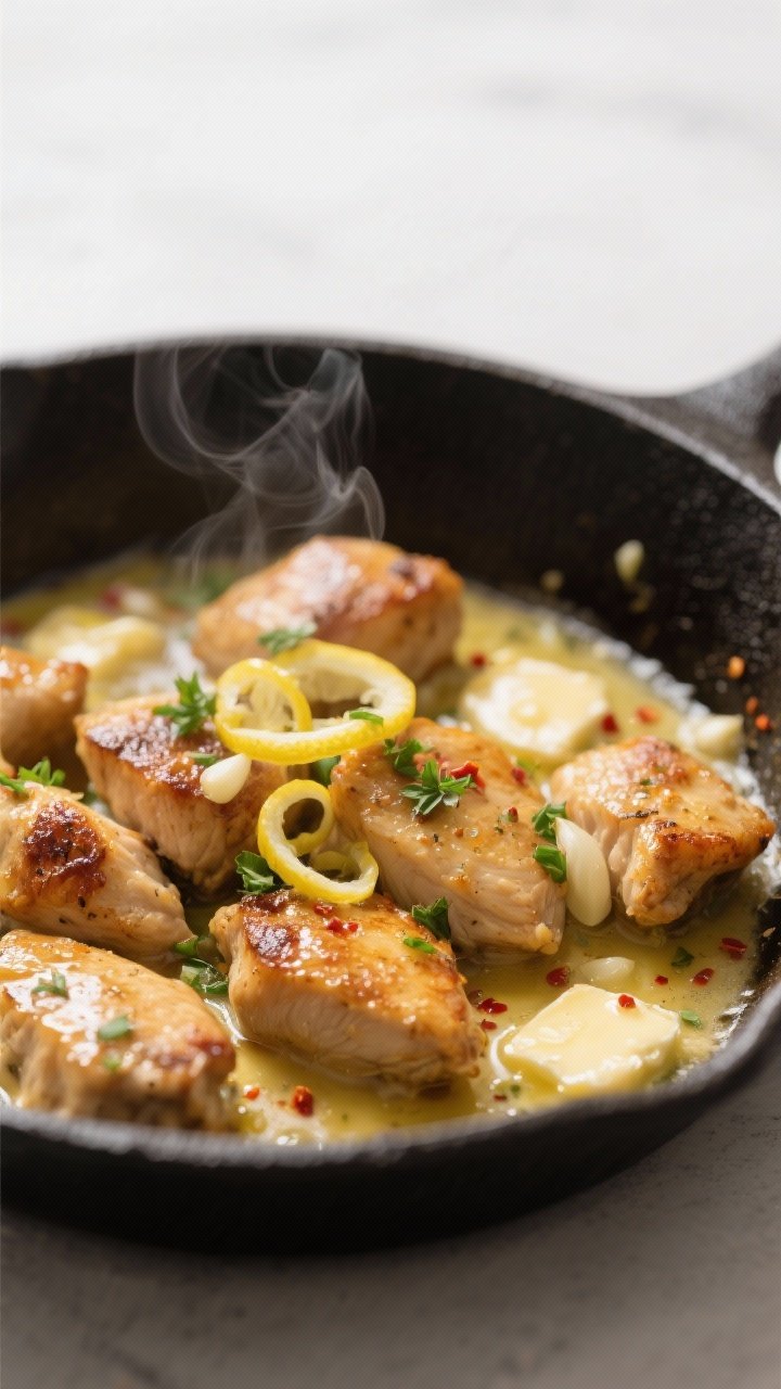 Close-up detail: Golden-brown seared chicken bites glistening in silky garlic butter sauce in a skil