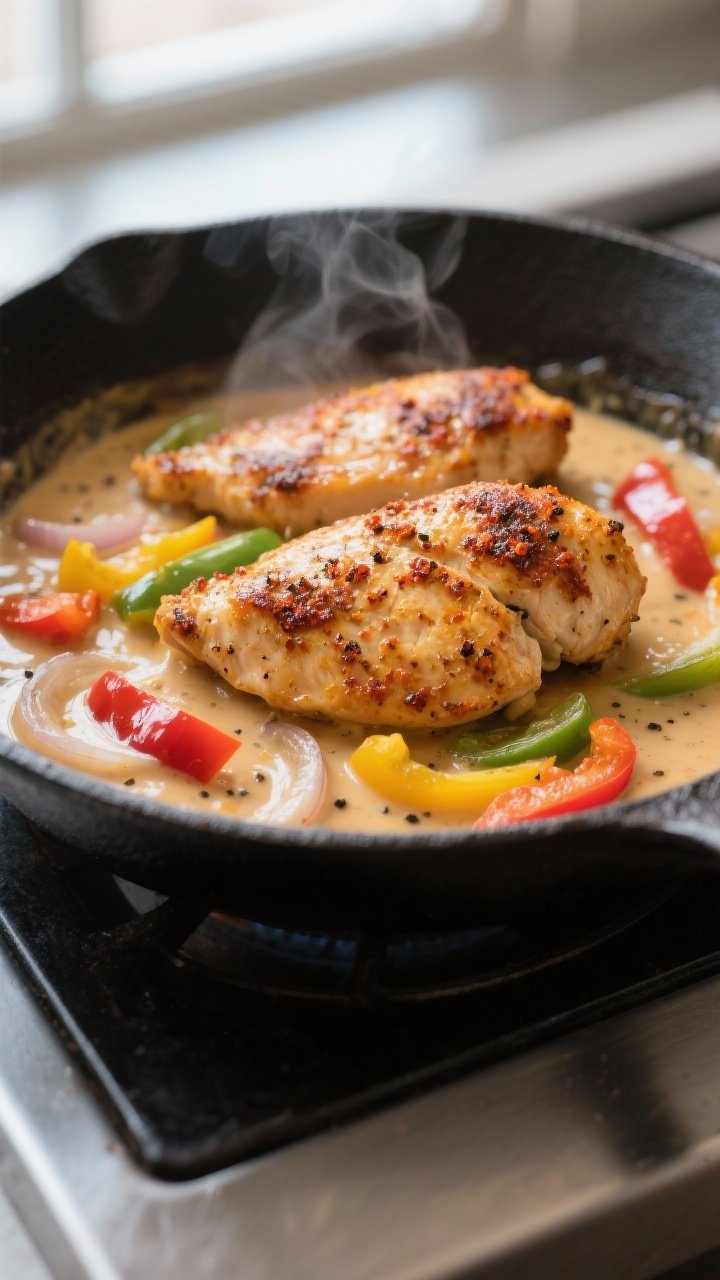 Close-up detail: Golden-browned Cajun-seasoned chicken cutlets nestled in a silky, simmering cream s