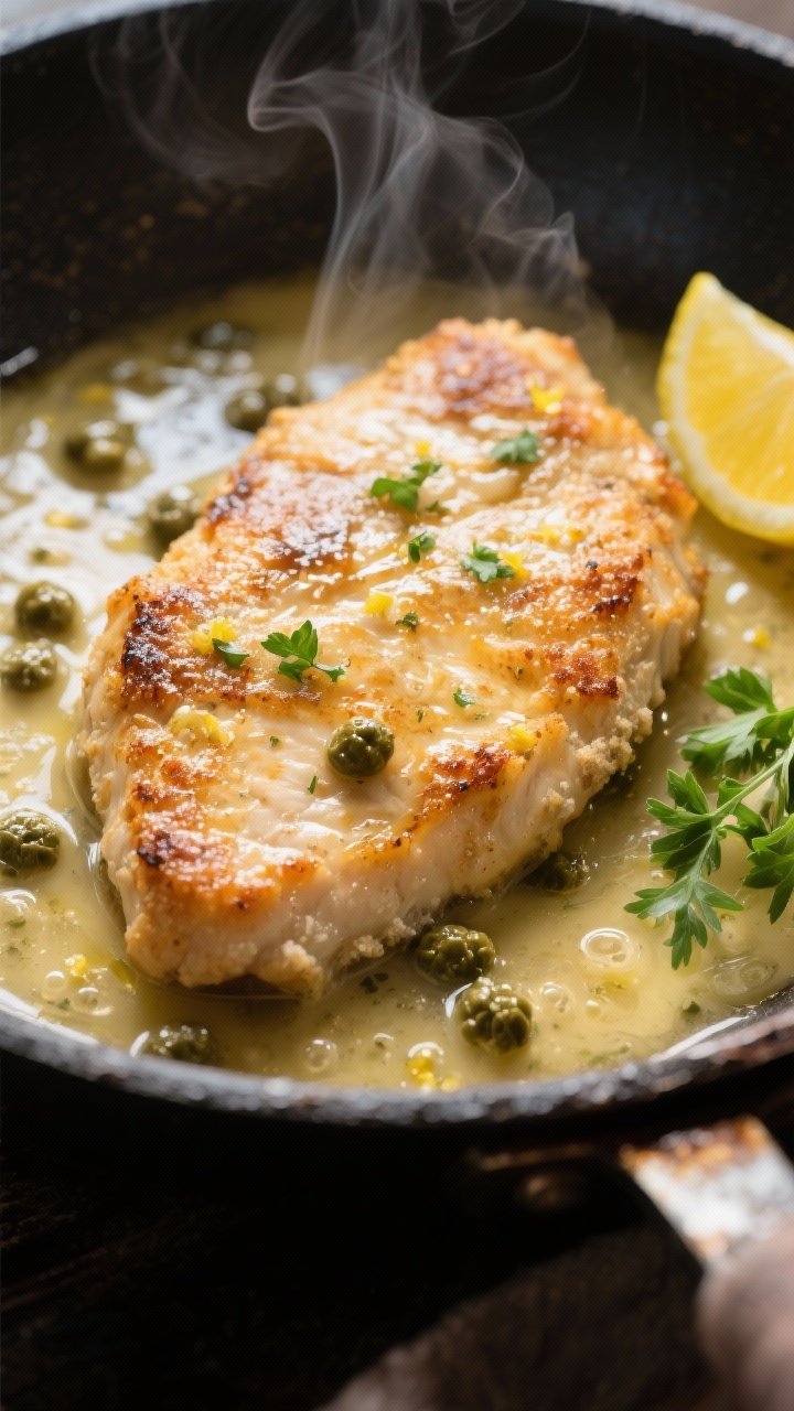 Close-up detail: Golden-browned chicken piccata cutlet just returned to the pan, coated in a glossy 
