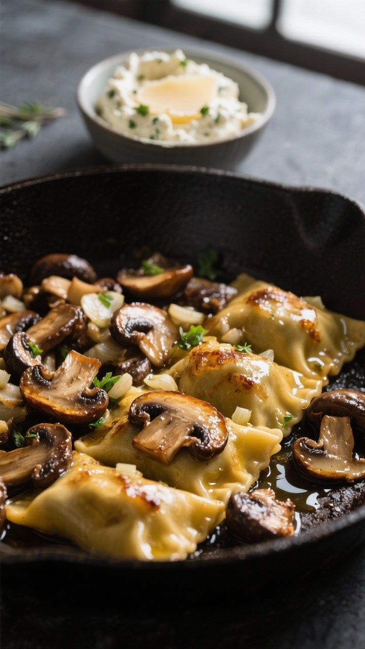 Close-up detail: Golden-browned mushroom filling just off the skillet, glossy from butter and olive 