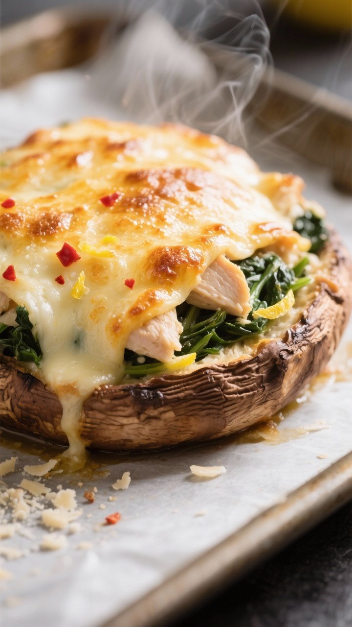 Close-up detail: Golden-bubbly Chicken and Spinach Stuffed Portobello just out of the oven, cheese m