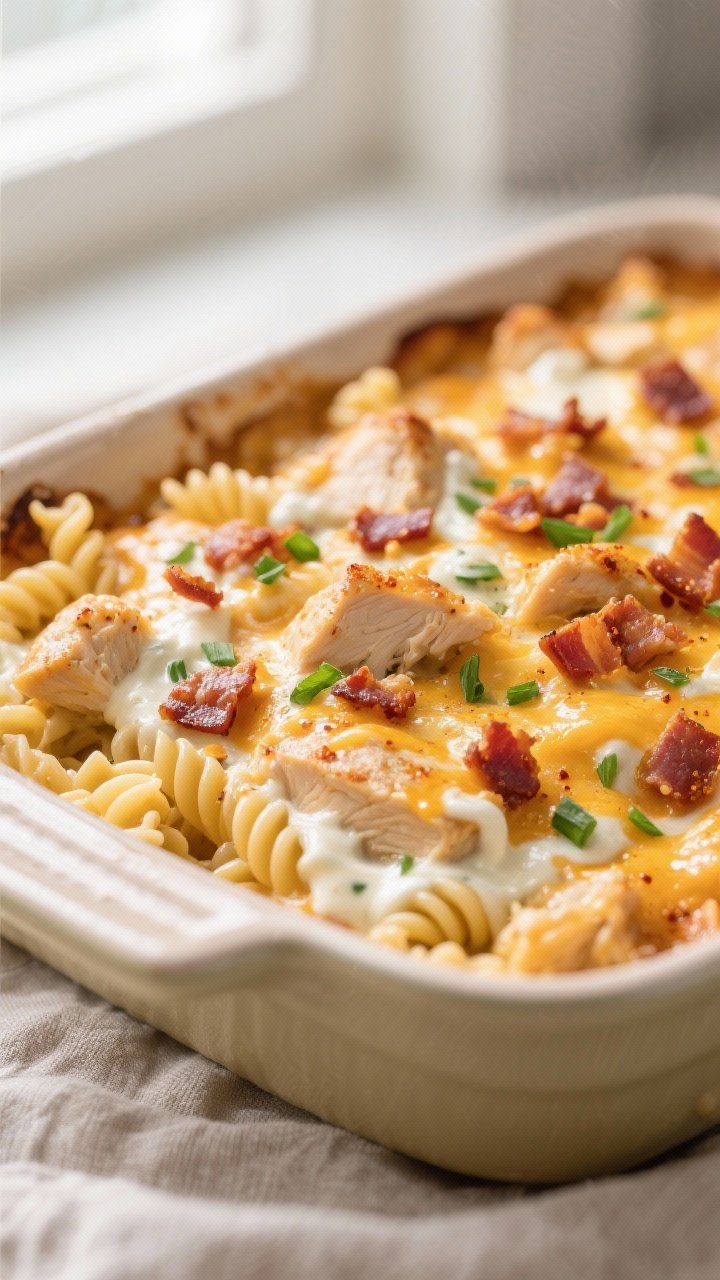 Close-up detail: Golden, bubbly Chicken Bacon Ranch Casserole just out of the oven, cheese melted an