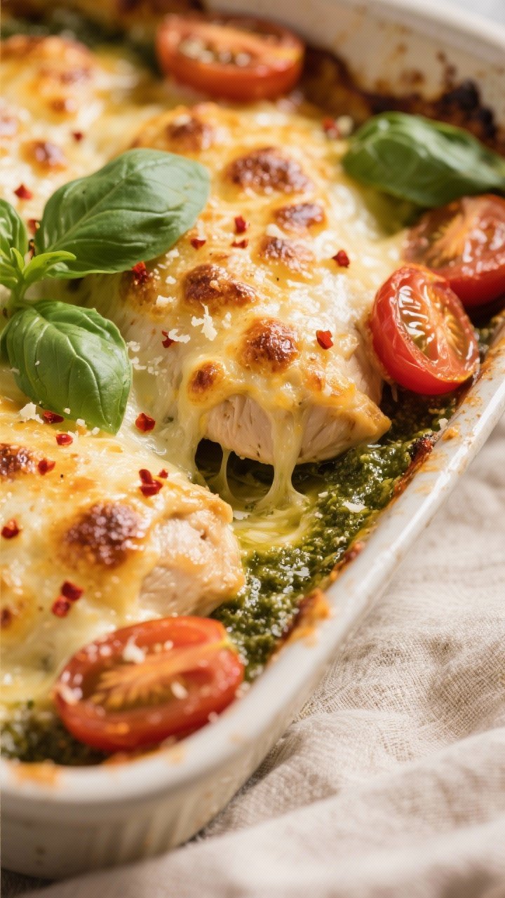 Close-up detail: Golden-bubbly Low-Carb Pesto Chicken Bake just out of the oven, showcasing melted m