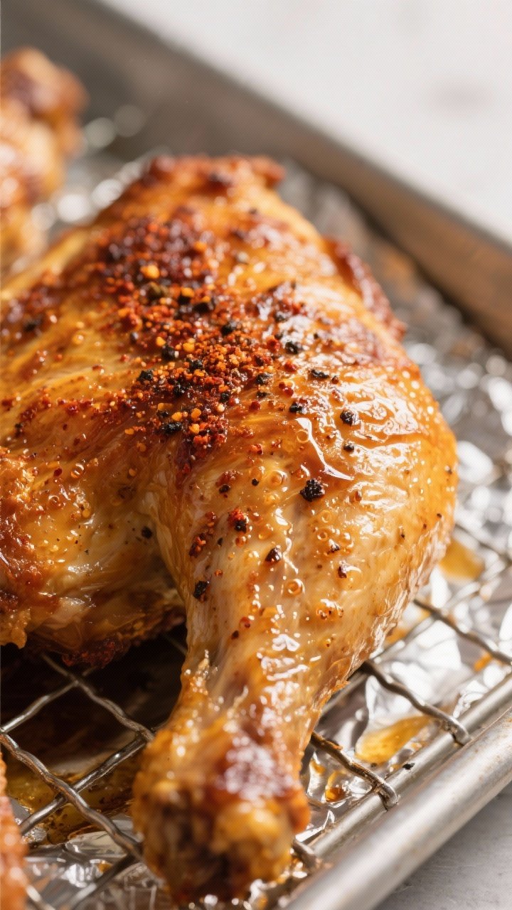 Close-up detail: Golden, crispy-skinned baked chicken thigh just out of the oven, skin blistered and