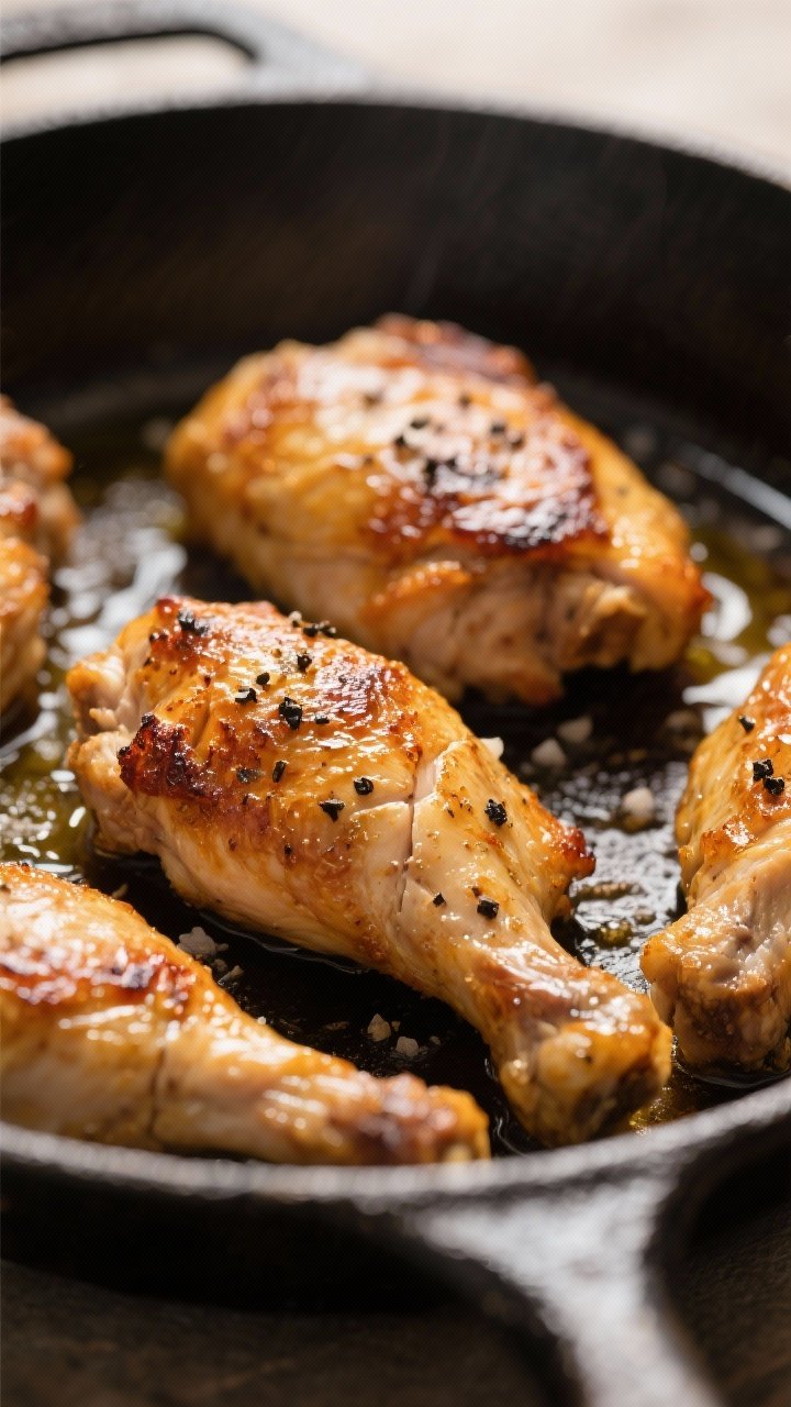 Close-up detail: Golden, crispy-skinned chicken thighs just seared in a skillet, skin blistered and 