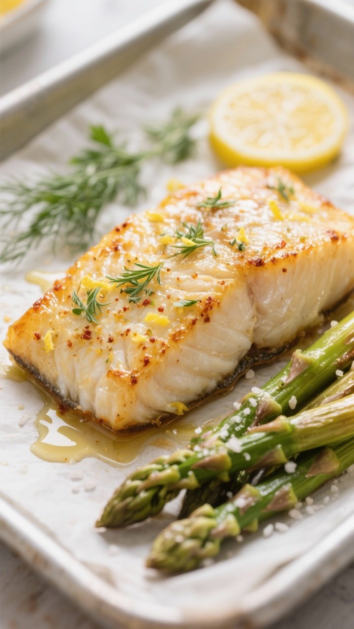Close-up detail: Golden, flaky baked cod just out of the oven with a glossy lemon-herb crust; visibl