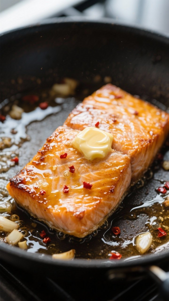 Close-up detail: Golden honey-garlic glazed salmon fillet in a skillet just after flipping, glaze bu