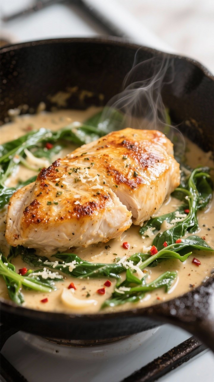 Close-up detail: Golden pan-seared chicken breast in a skillet, edges crisp and deeply caramelized, 