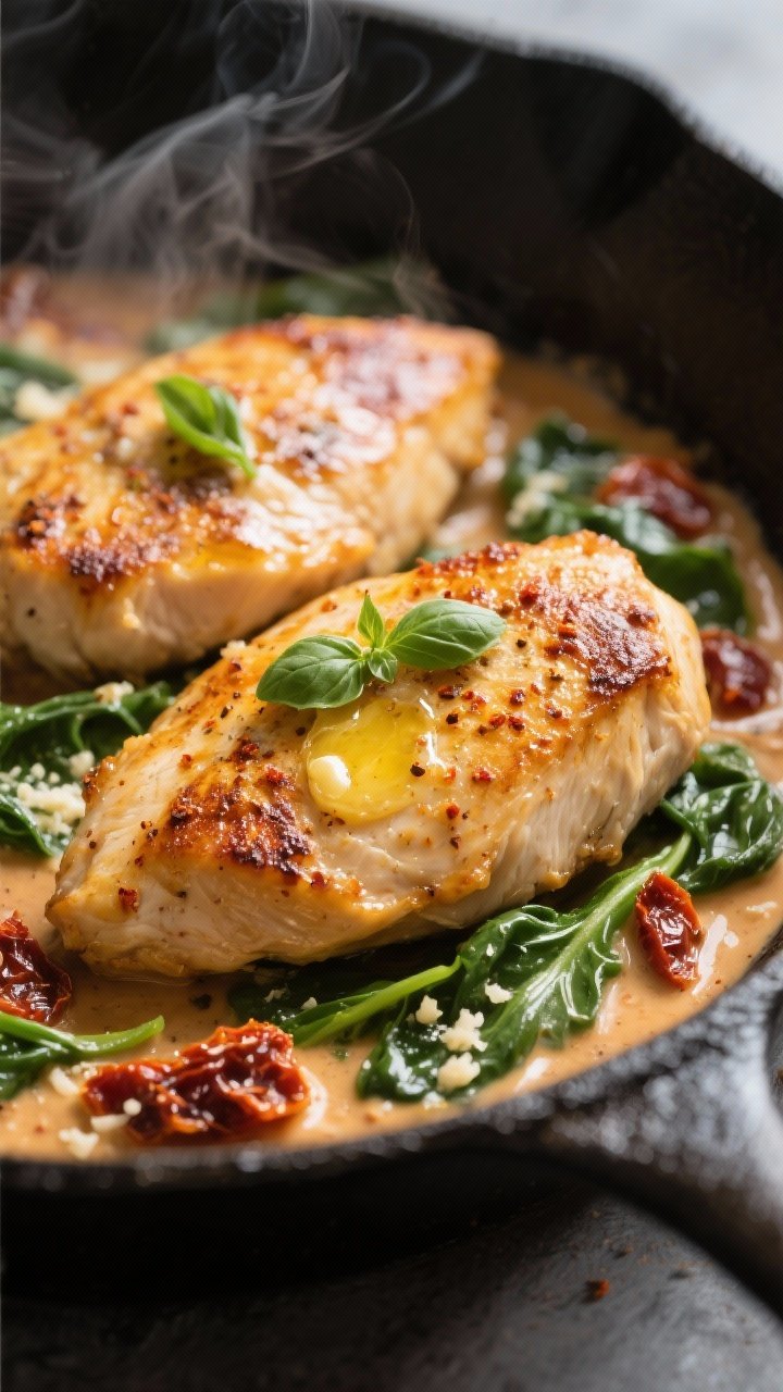 Close-up detail: Golden pan-seared chicken breasts in a skillet, crust glistening with olive oil and