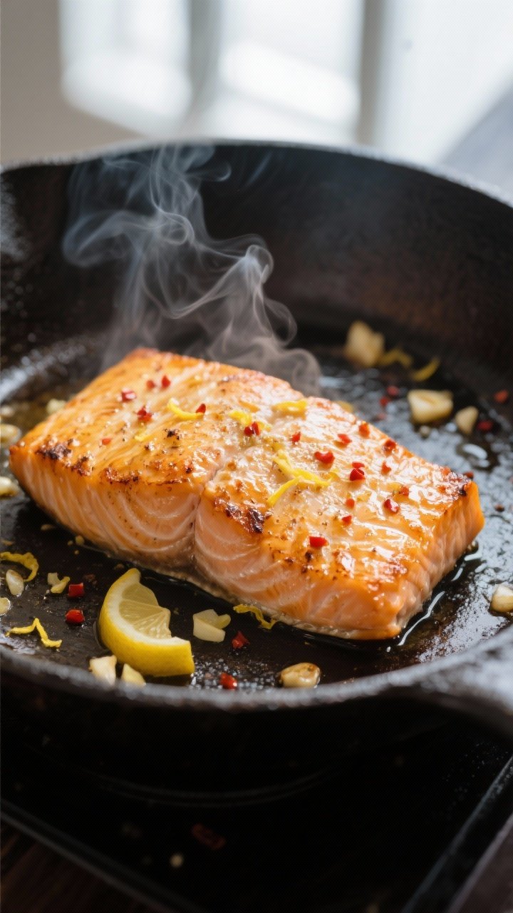 Close-up detail: Golden pan-seared salmon fillet just after flipping in a well-seasoned cast-iron sk