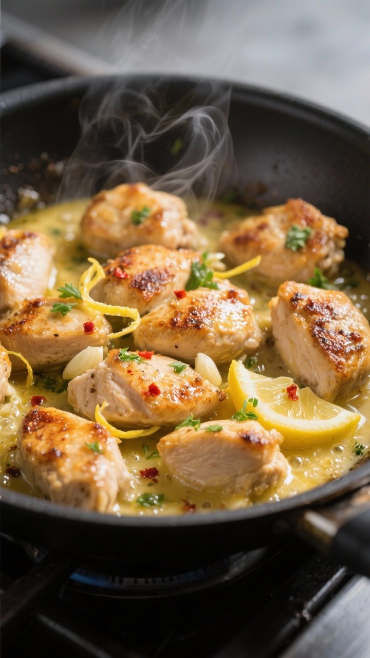 Close-up detail: Golden seared chicken bites tossed in glossy garlic-butter lemon sauce in a skillet