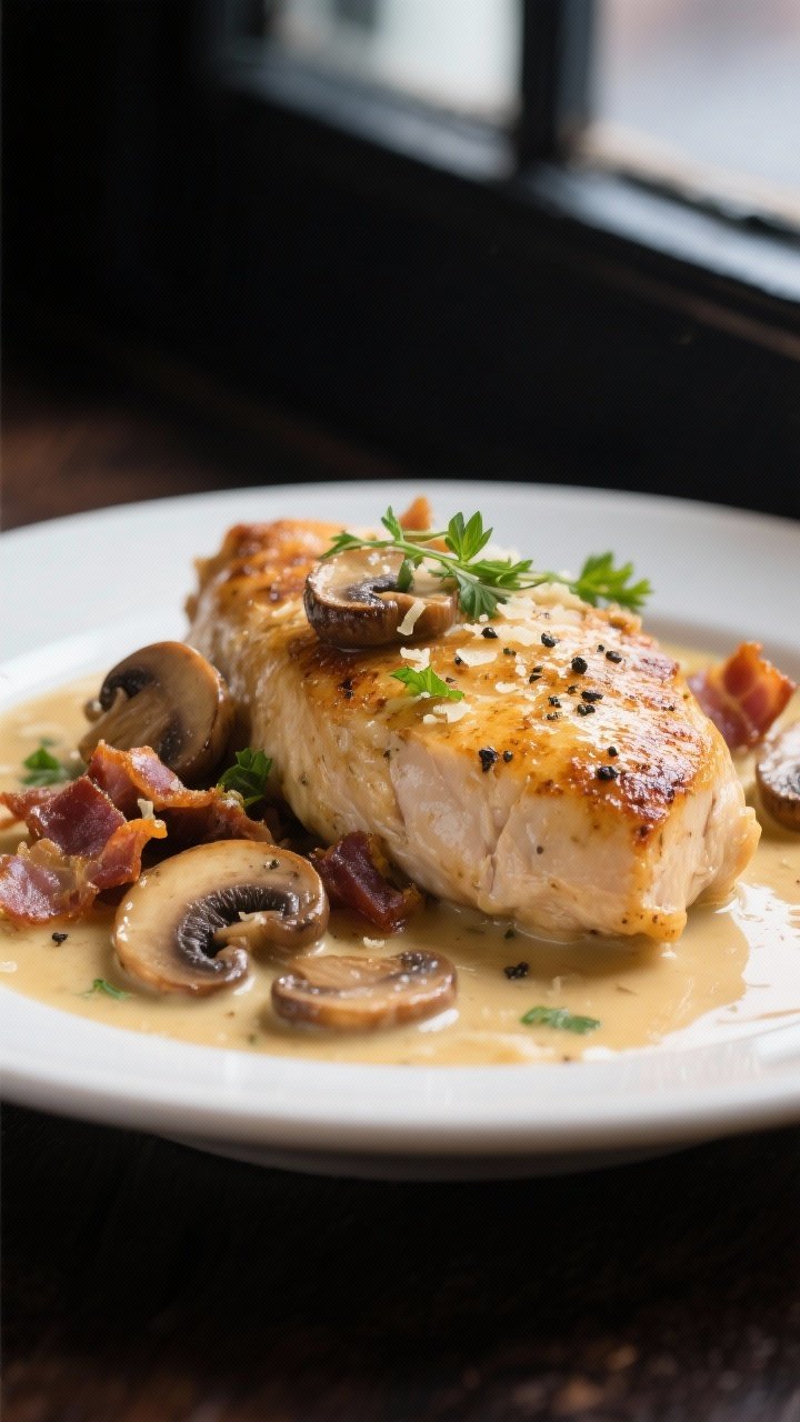 Close-up detail: Golden-seared chicken breast nestled in a silky cream sauce, studded with carameliz