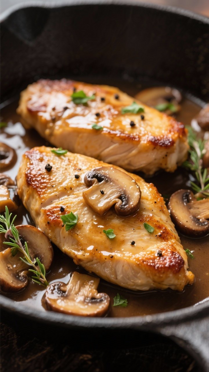 Close-up detail: Golden-seared chicken cutlets nestled in a glossy Marsala mushroom sauce, showing c