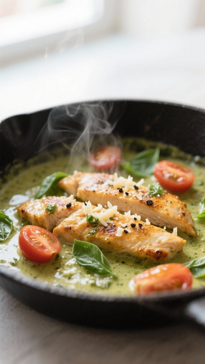 Close-up detail: Golden seared chicken strips simmering in a silky basil pesto cream sauce in a blac