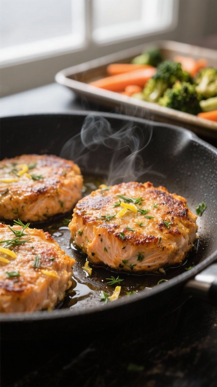Close-up detail: Golden seared salmon patties in a nonstick skillet, crisp, craggy edges and moist f