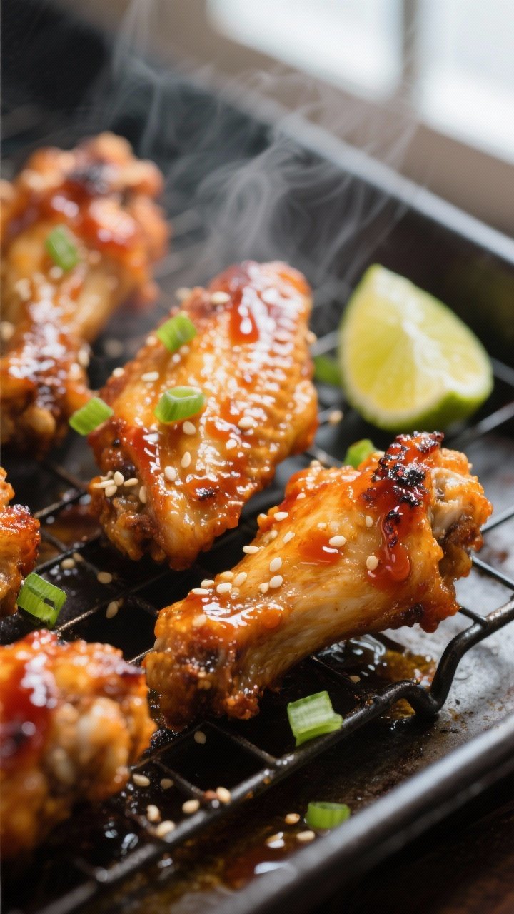 Close-up detail: Honey Sriracha chicken wings just out from the broiler, ultra-crisp skin lacquered 