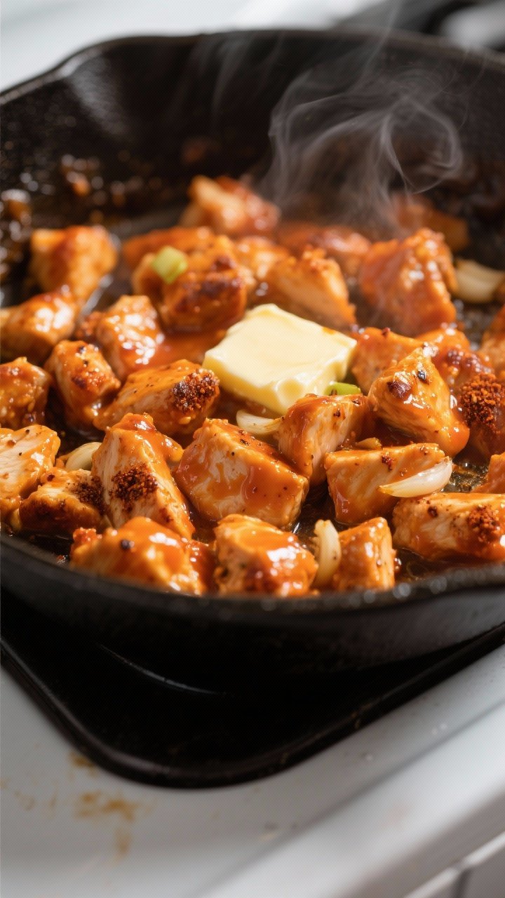 Close-up detail: Juicy diced buffalo chicken sizzling in a skillet, coated in glossy bright-orange b