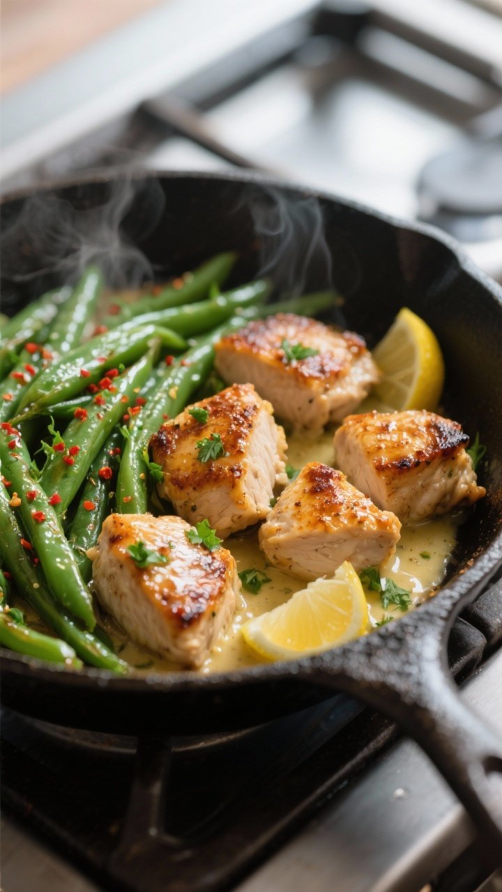 Close-up detail: Juicy garlic butter chicken bites in a skillet, seared to deep golden-brown with cr