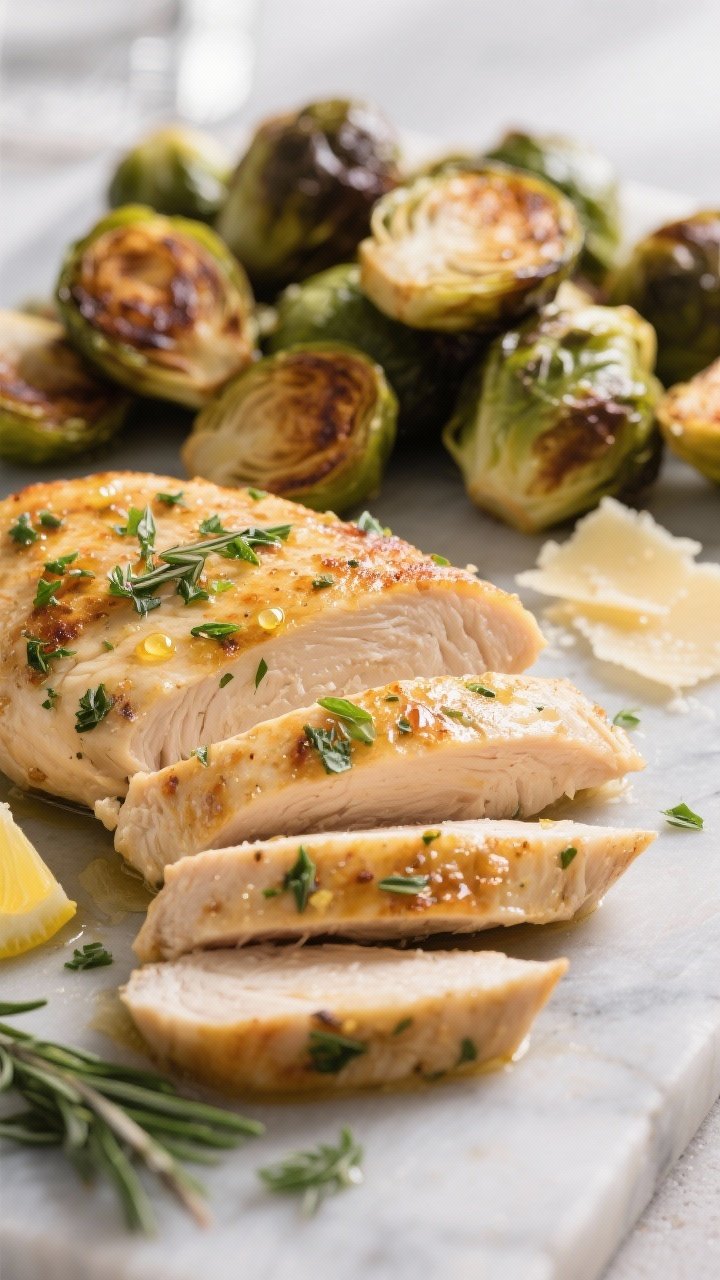 Close-up detail: Juicy garlic-herb chicken breast just out of the oven, sliced on the bias to reveal