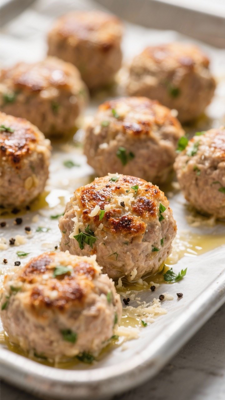 Close-up detail: Juicy garlic-parmesan turkey meatballs just out of the oven on a parchment-lined sh