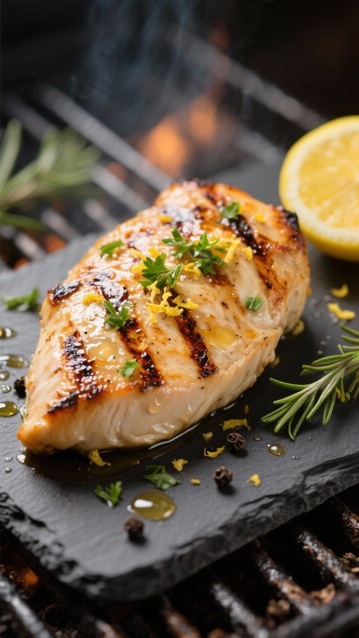 Close-up detail: Juicy grilled lemon-herb chicken breast just off the grill with pronounced char mar