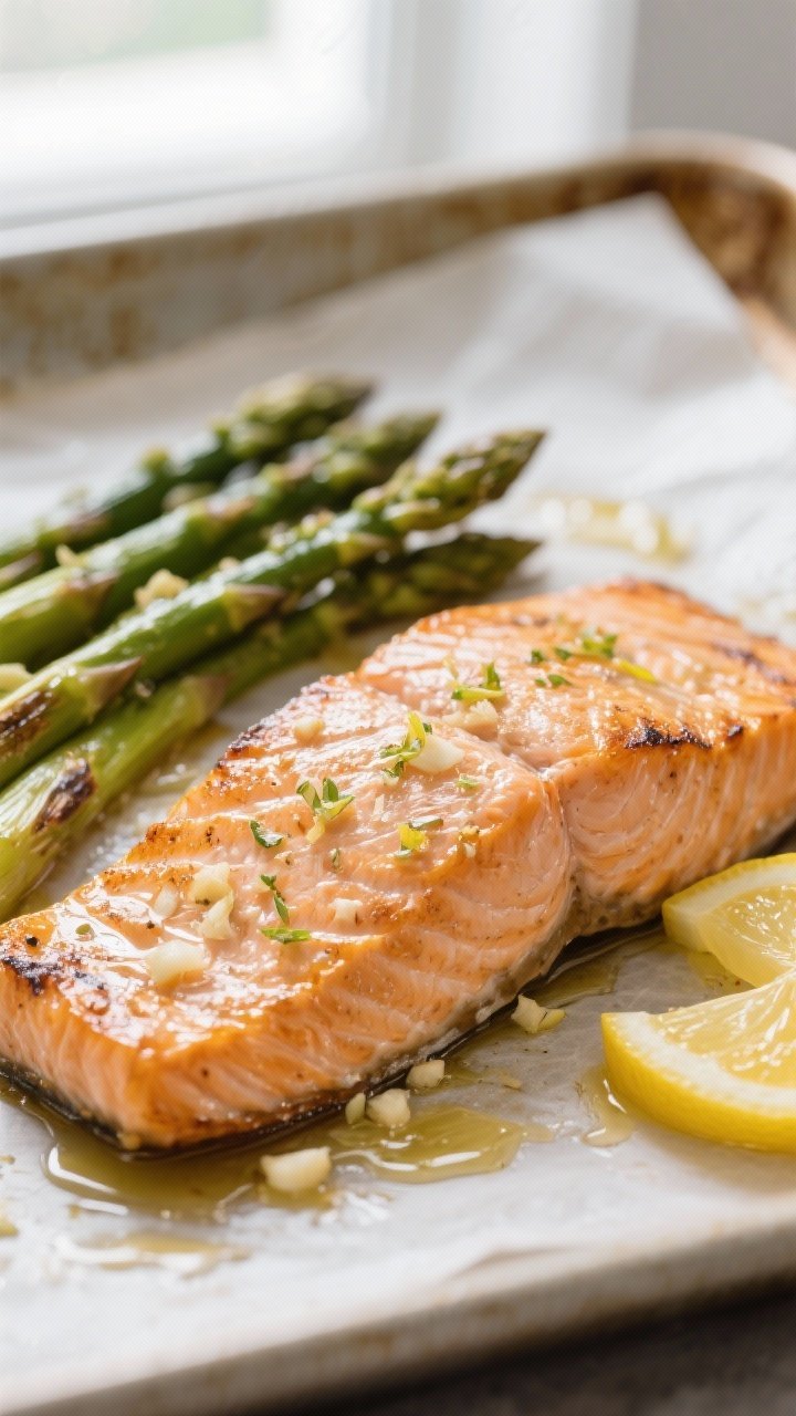 Close-up detail: Juicy, just-roasted salmon fillet on the sheet pan with crisp-tipped asparagus, gli