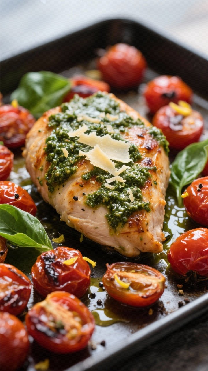 Close-up detail: Juicy roasted chicken breast coated in glossy basil pesto with melted, lightly brow
