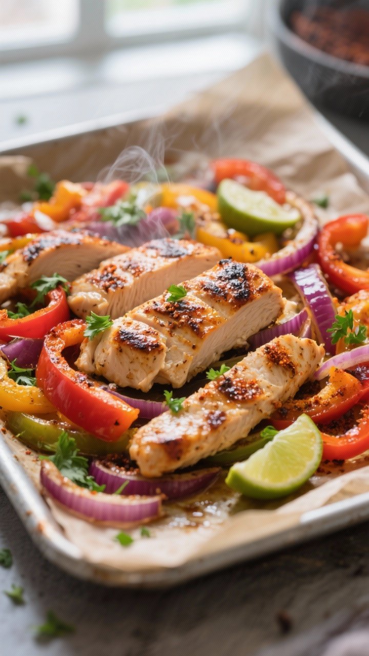 Close-up detail: Juicy sheet pan chicken fajitas just out of the oven, showing caramelized edges on 