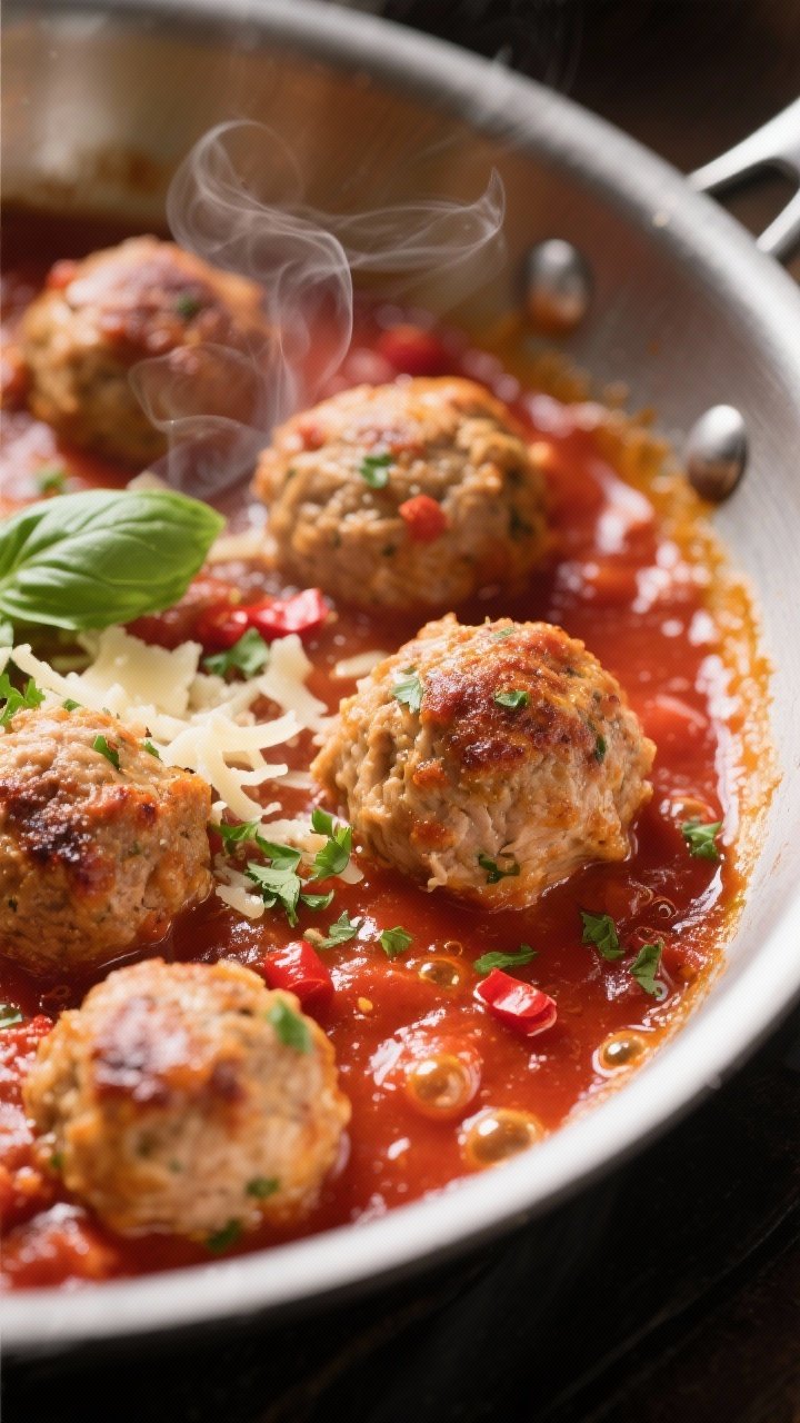 Close-up detail: Juicy turkey meatballs simmering in glossy marinara, captured mid-bubble in a stain