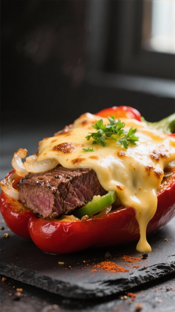 Close-up detail: Melty provolone cascading over seared, thin-sliced ribeye with sautéed onions and 