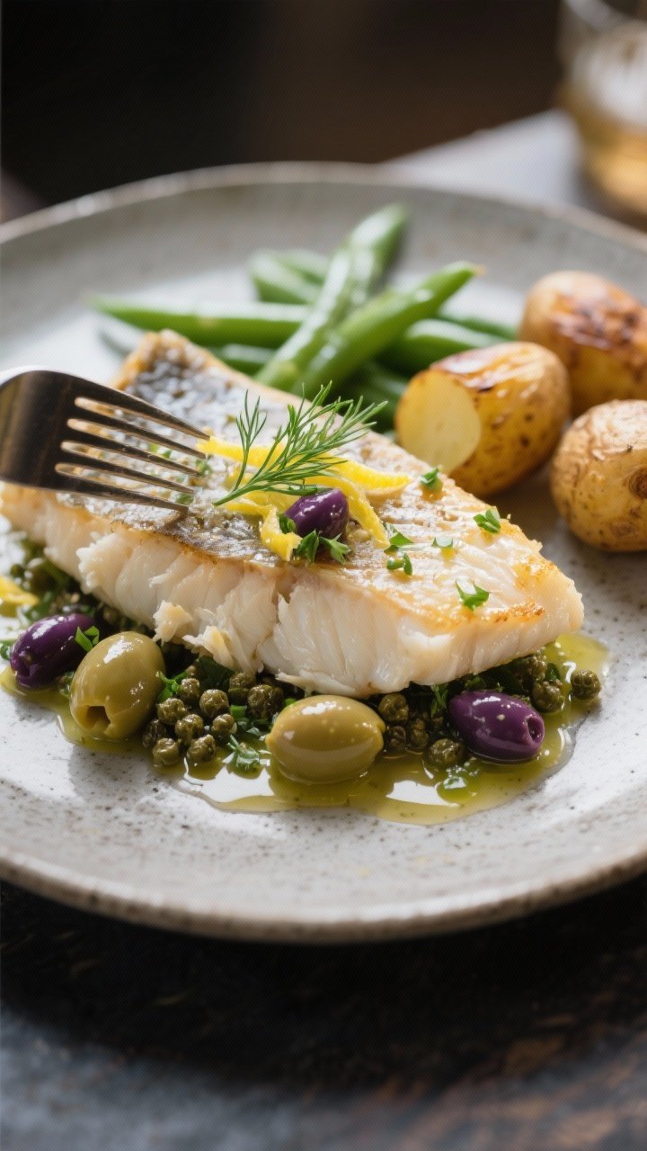 Close-up detail of a single plated cod fillet on a matte stoneware plate, fork gently flaking the te