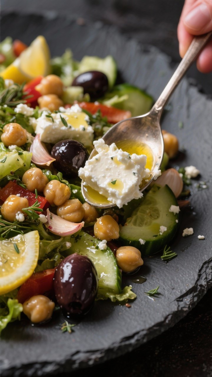 Close-up detail of the salad just after tossing, focusing on texture and dressing cling: chickpeas a