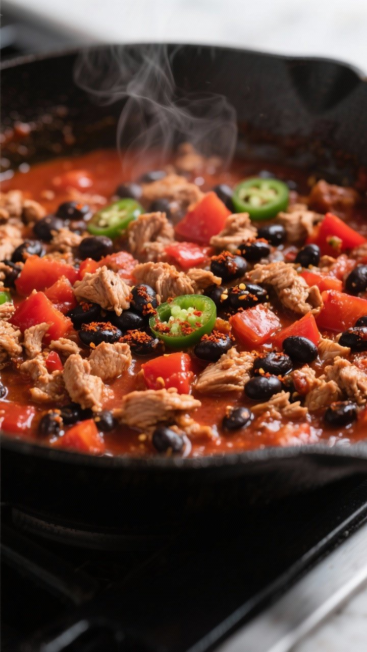 Close-up detail of the spicy turkey and black bean mixture simmering in a skillet after blooming spi