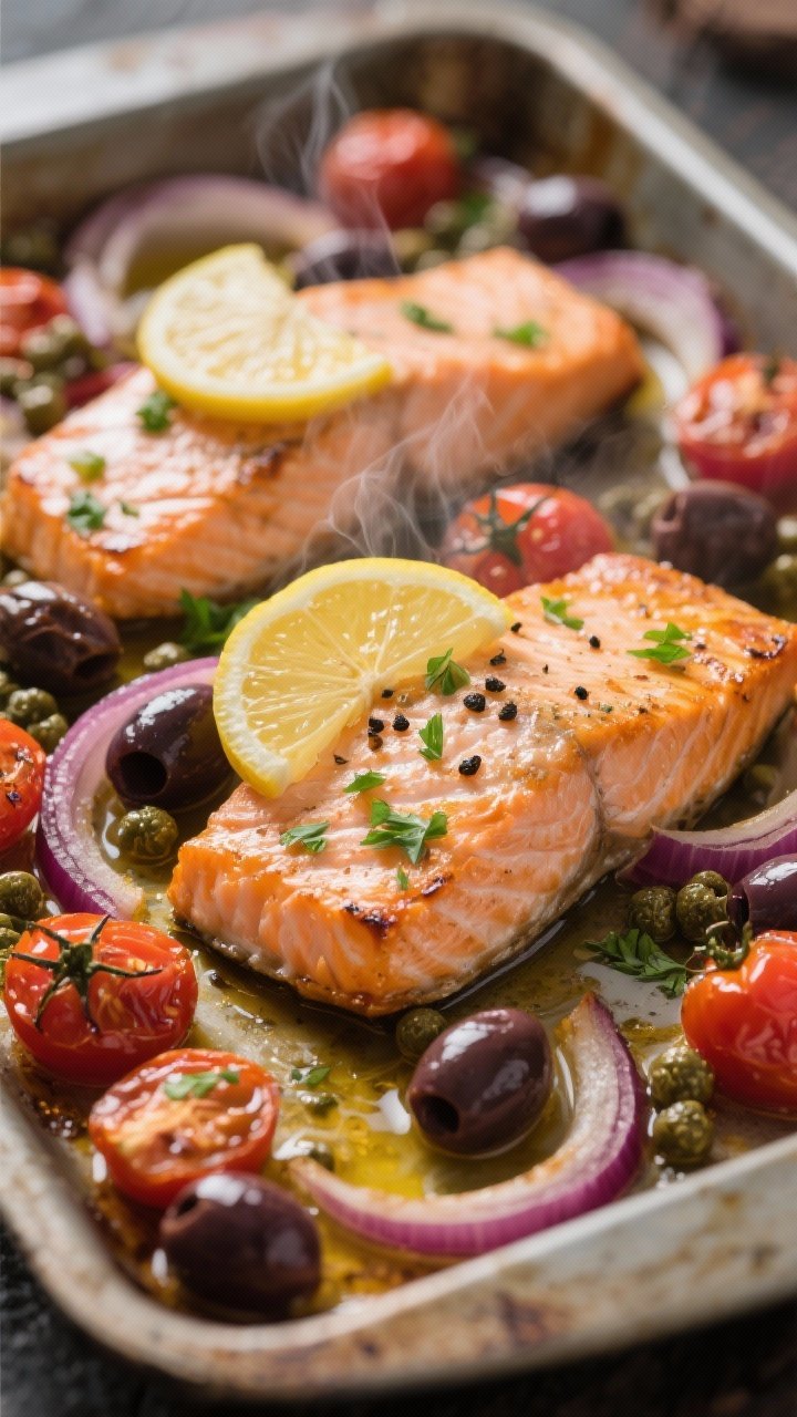 Close-up detail: One-pan Mediterranean baked salmon just out of the oven, salmon fillets nestled amo