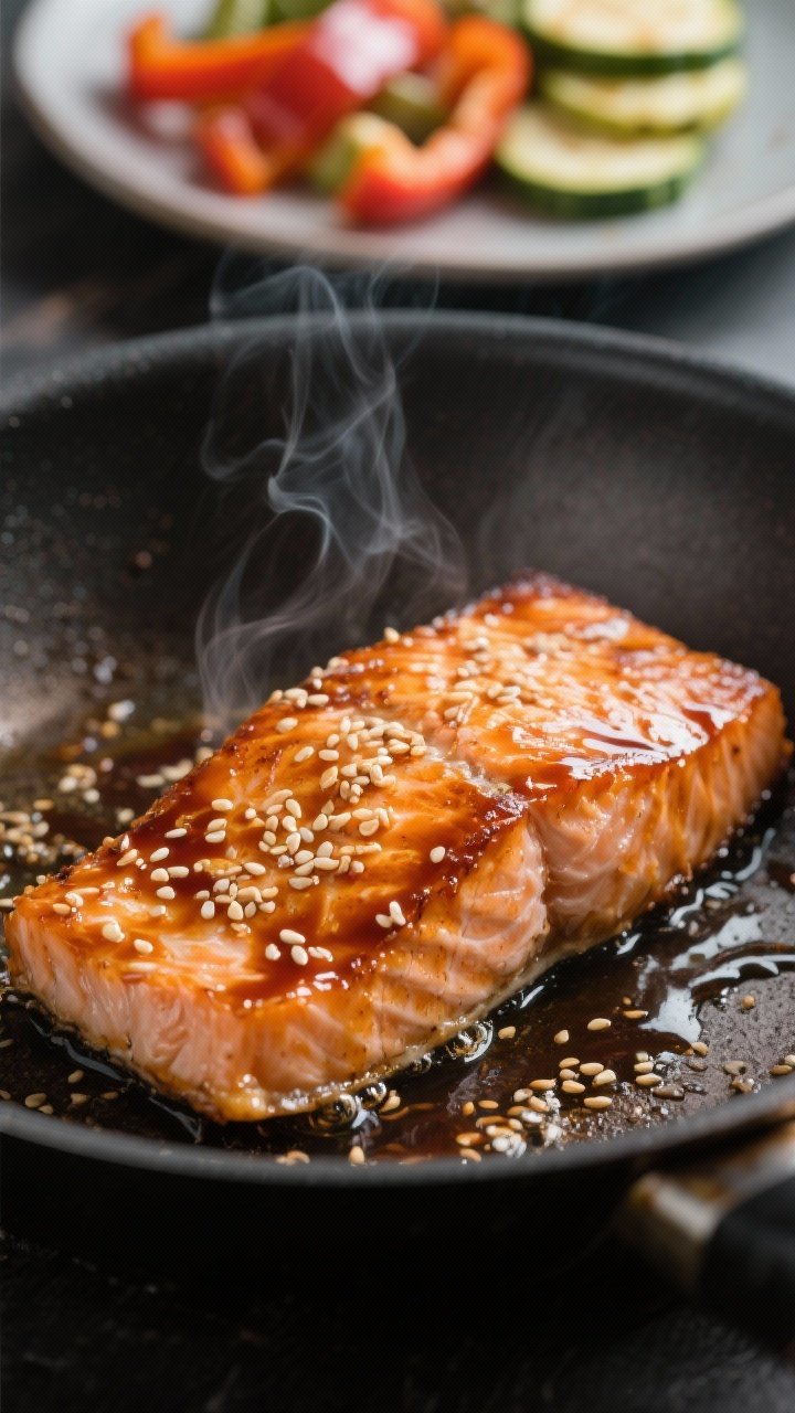 Close-up detail: Pan-seared salmon fillet in a skillet just after glazing, lacquered low-carb teriya