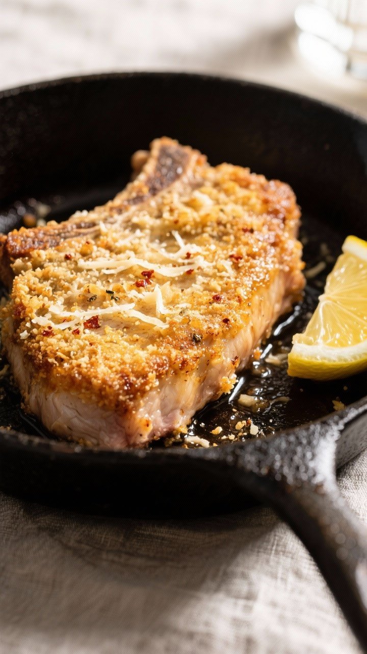 Close-up detail: Parmesan-crusted pork chop just out of the oven in a cast-iron skillet, golden-brow