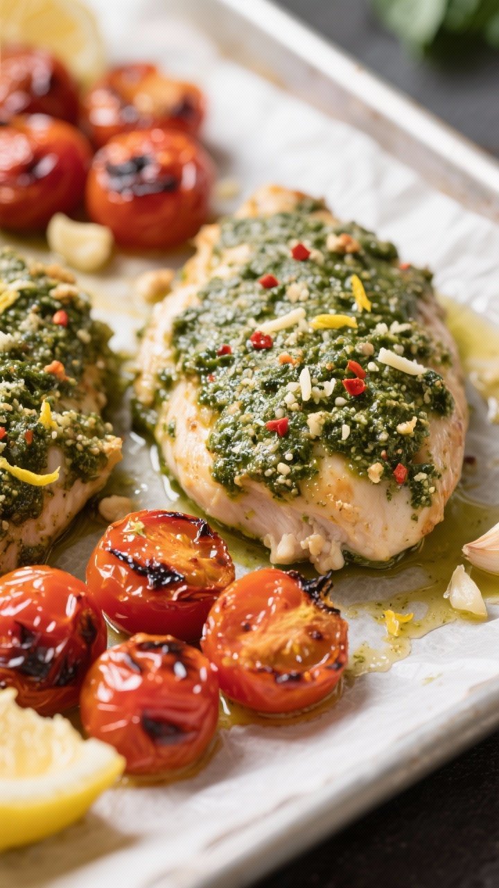 Close-up detail: Pesto-coated chicken just out of the oven with jammy, blistered roasted cherry toma