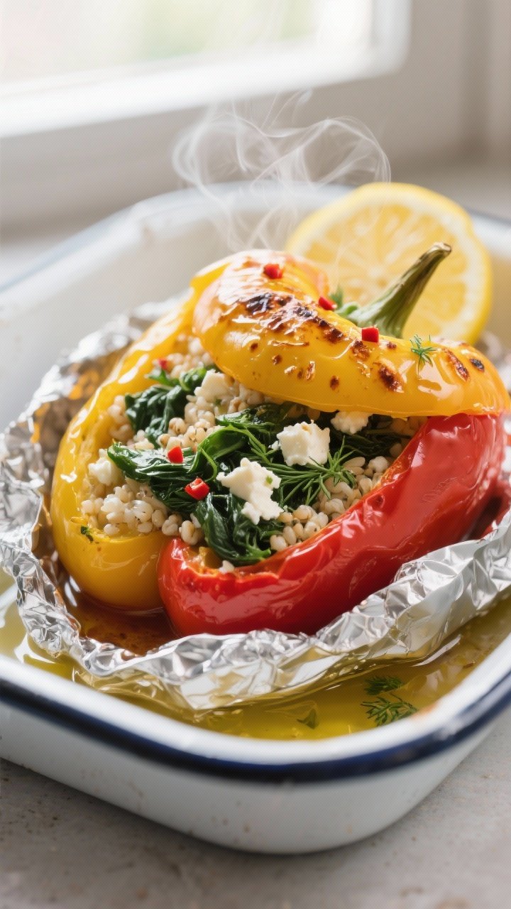 Close-up detail/process shot: A stuffed red and yellow bell pepper just out of the oven, foil pulled