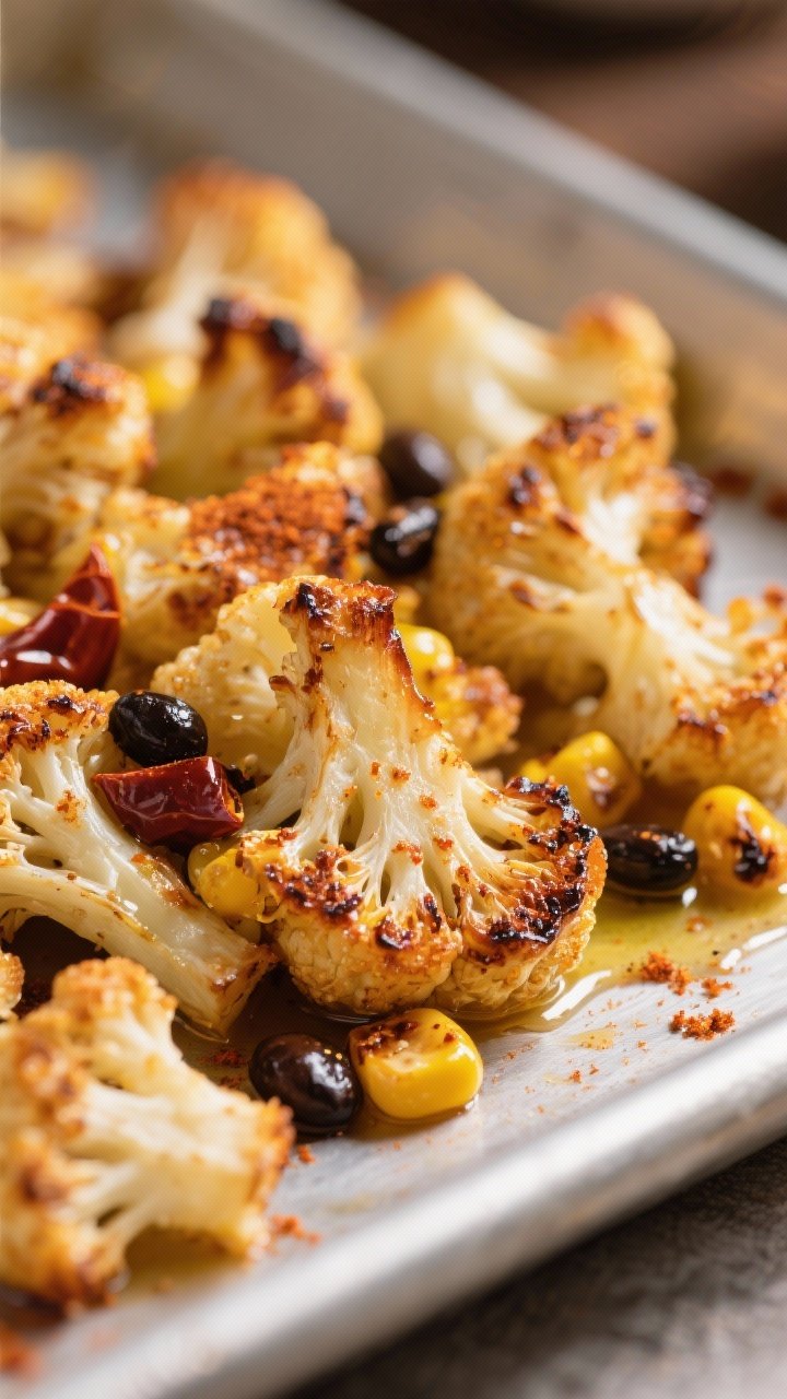 Close-up detail: Roasted cauliflower florets tossed with chili powder, cumin, and smoked paprika, ed