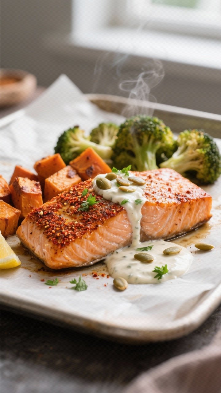 Close-up detail: Roasted salmon fillet just out of the oven with a smoked paprika–chili rub, flaky