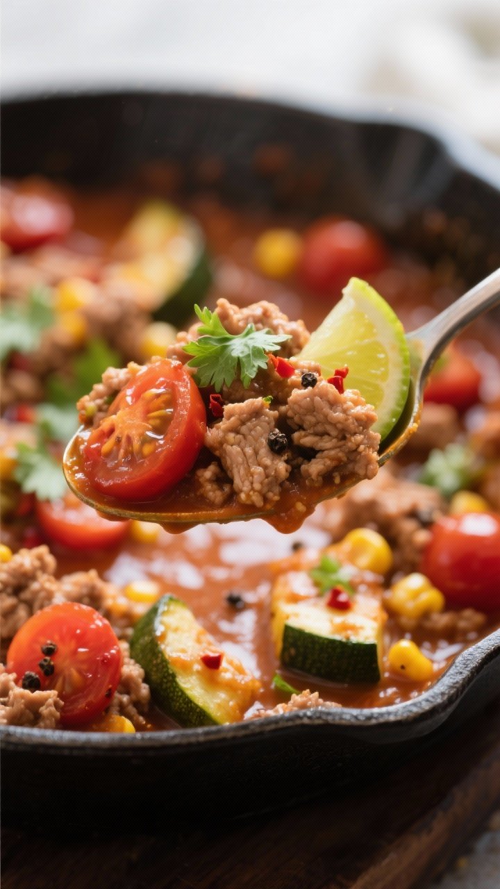 Close-up detail, : Saucy spoonful of the finished ground turkey veggie skillet scooped from the pan,