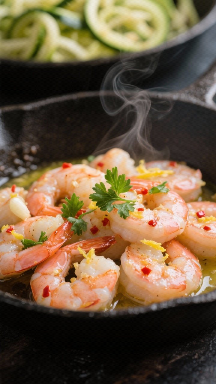 Close-up detail: Sautéed shrimp just returned to the skillet with glossy garlic butter, lemon zest 