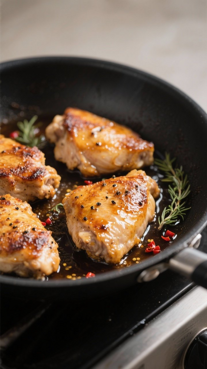 Close-up detail: Searing boneless chicken thighs in a large skillet, golden-brown crust with rendere