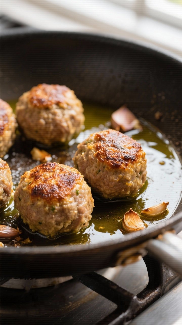 Close-up detail: Searing Italian meatballs in a shallow pool of olive oil in a heavy skillet, golden