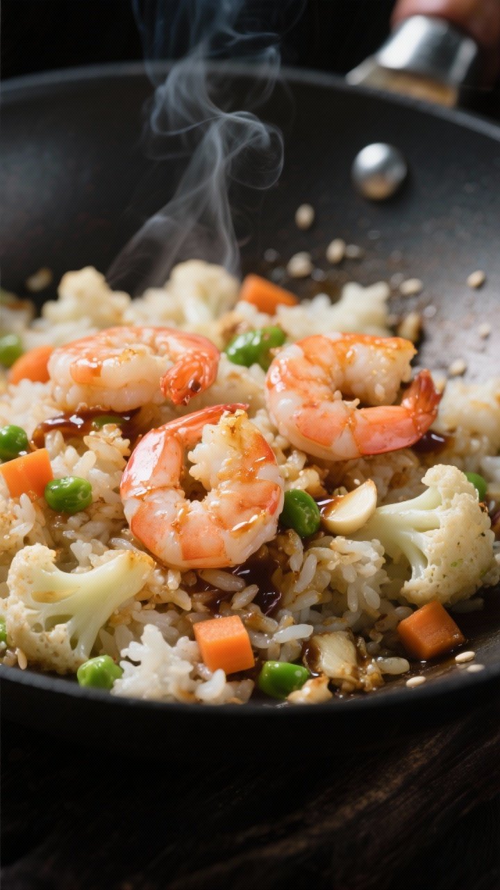Close-up detail: Searing shrimp nestled into cauliflower fried “rice” in a wok, shrimp just turn