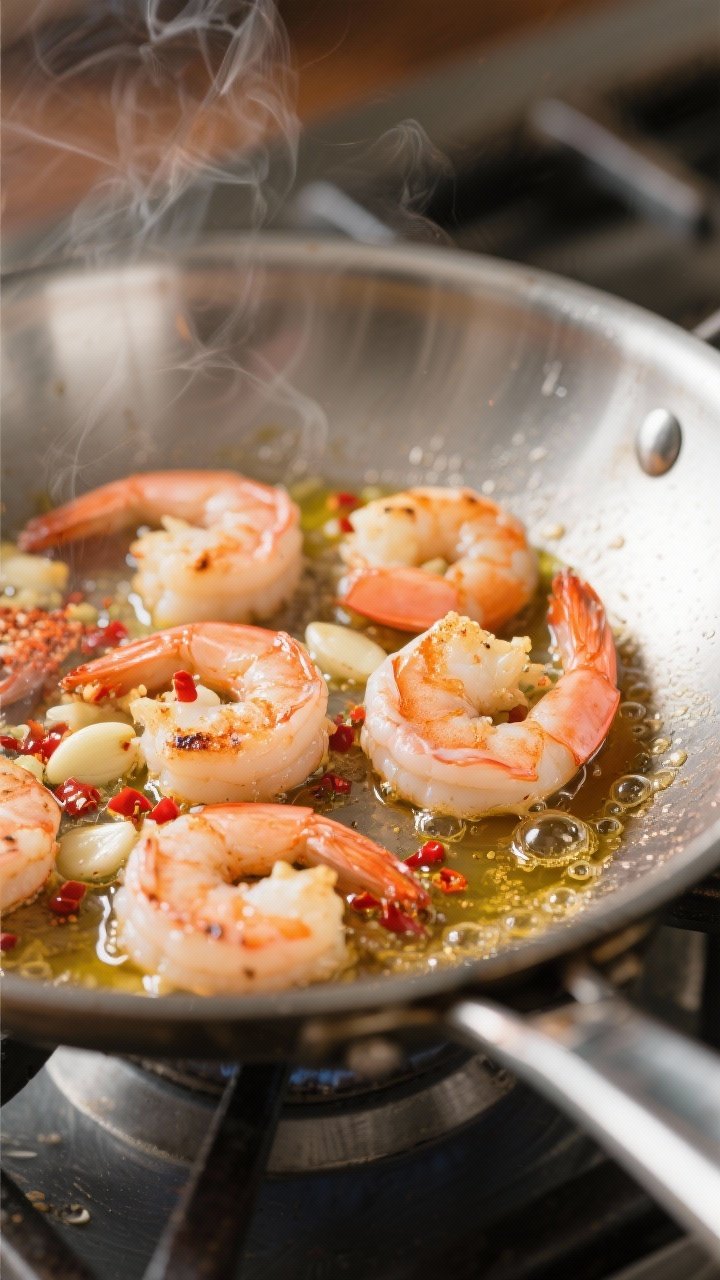 Close-up detail: Searing spicy garlic shrimp in a hot stainless-steel skillet, shrimp just flipped w
