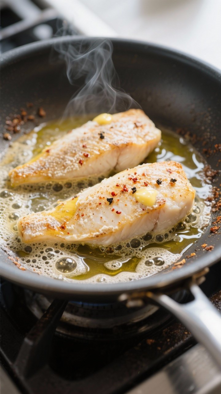 Close-up detail: Searing tilapia fillets in a large skillet, lightly golden and just opaque at the e